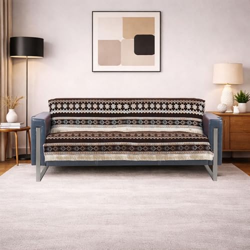Image of Elegant Woven Brown Sofa Cover - Soft Chenille Traditional Pattern with Lace Style | L-Shape Sectional Seat Protector for Living Room | Durable & Stylish Slipcover 3 Seater Sofa