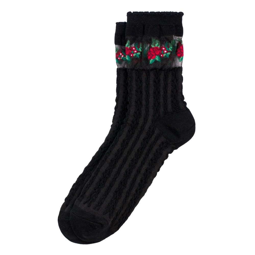 Joe Cool Unisex Black Socks Sheer Floral Cuff Made With Cotton & Spandex