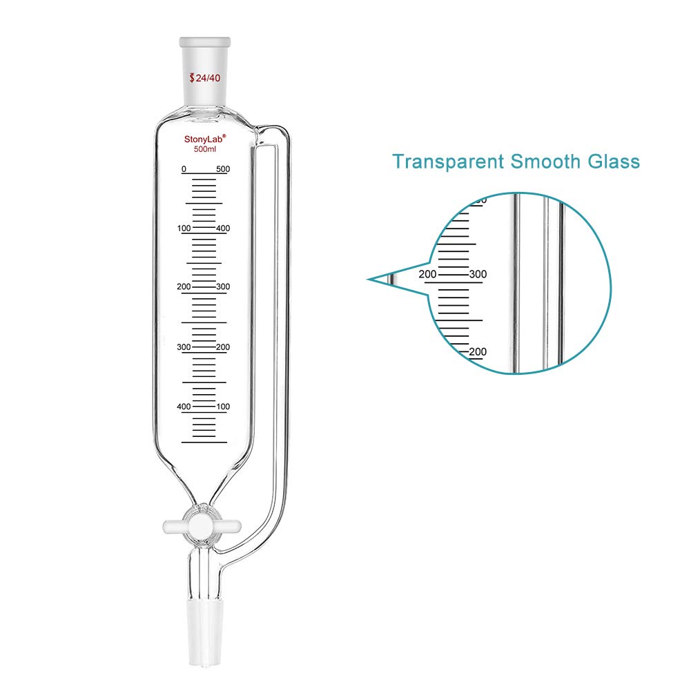 stonylab Embudo Graduado de Adición de Presión Graduado, Addition Funnel Dropping Funnel Embudo de Goteo de Vidrio de Borosilicato con Tapón PTFE para Laboratorio (24/40 Joint, 500 ml)