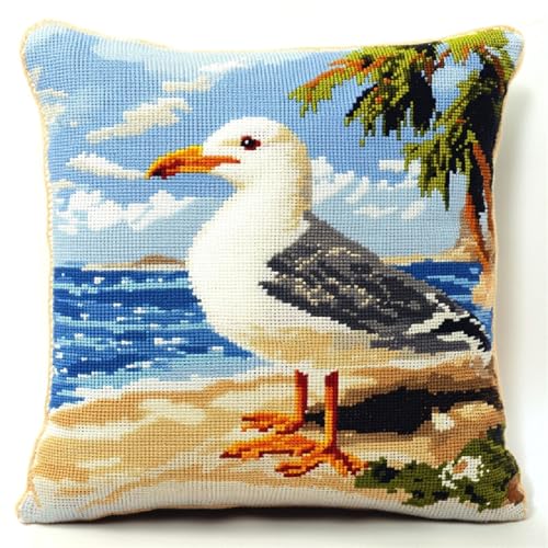 XDEGHUANGSS DIY Latch Hook Cushion Kits Seagulls On The Beach Pillow Cover DIY for Teenager Beginner and Adults Family Friends Needlework Crafts Latch Hook Set 43x43cm