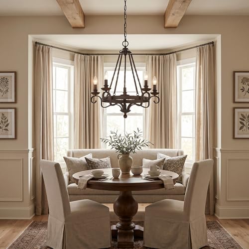 Image of Quoizel Noble 24 inch Candle-Style Chandelier, 5-Light, Rustic Black | Solid Wood Accents, European Style, Adjustable Height Up To 78 inch