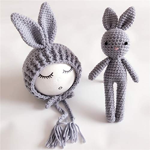 Matissa Newborn Baby Crochet Knit Costume Photography Prop Baby Bunny Hat and Doll Set (Grey) - Image 2