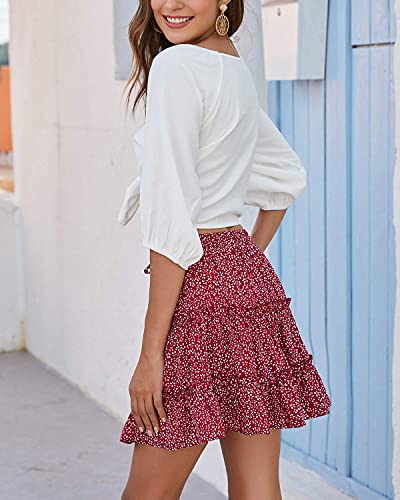 Alelly Women's Summer Cute High Waist Ruffle Skirt Floral Print Swing Beach Mini Skirt Burgundy #TOP7