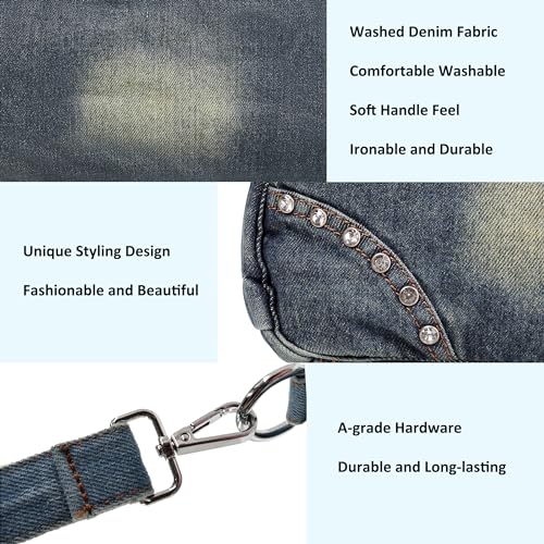 Image of Fashion Crossbody Bag Denim Purse with Rhinestones Y2K Jean Handbag for Women | Washed Denim