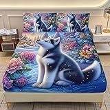 AILONEN Cute Husky Dog Twin Size Fitted Sheet Set - Kawaii Puppy Animal Bedding Bet for Kids Boys Girls - Floral Snow Bed Sheet + 2 Pillowcases - 3Pcs