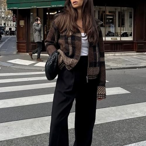 Chevara Women’s Checkered Cardigan Sweater Vintage Lapel Collar Long Sleeve Zip Up Knit Sweatshirt Jacket4