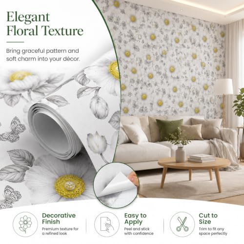 Image of White & Grey Floral Peel and Stick Wallpaper - Minimalist Botanical Self Adhesive Wallpaper with Yellow Flower Accents for Bedroom, Living Room, Kitchen, Office, Cabinets