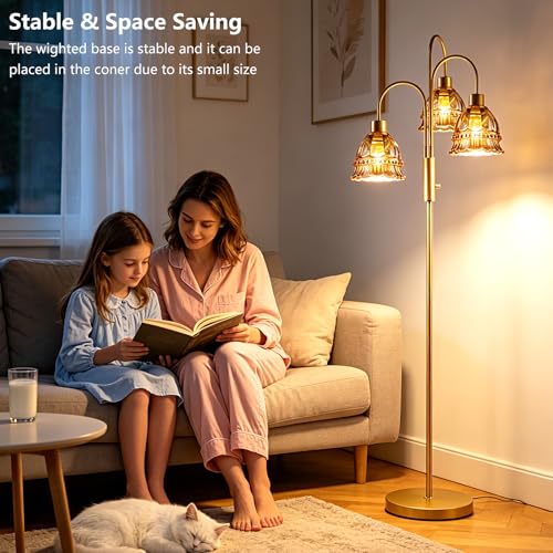Image of 3-Light Glass Floor Lamp with Amber Ribbed Glass Shades, 70 inch Gold Dimmable Tall Standing Lamp with 3PCS 3000K Warm White Bulbs, Modern Tree Pole Lamp for Living Room Bedroom Home Office Corner Decor