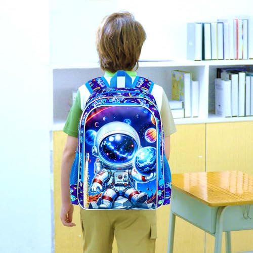 Image of 3Pcs Space Backpack for Boys, 16 inch Astronauts Bookbag with Lunch Box, Kids School Backpacks Set for Elementary Preschool Kindergarten (Blue)