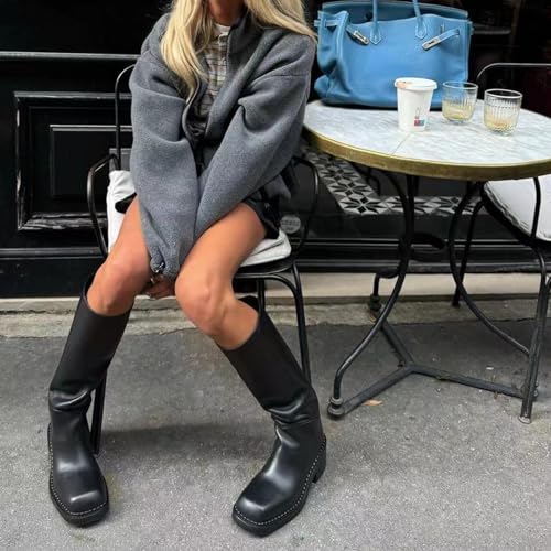 Women's Knee High Square Toe Boots Chunky Block Heel Wide Calf Tall Boot Casual Comfortable Low Heel Pull on Long Boots3