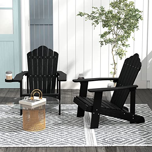 Image of Tangkula Oversized Adirondack Chair, Patio Lounge Chairs w /Adjustable Cup Holder, HIPS Armchairs Slatted Chair, Outdoor Weather Resistant Fire Pit Chair for Deck Backyard Garden Porch (2, Black)