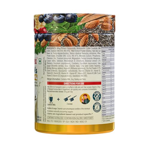Image of NUTRELA Men Superfoods With Whey Protein Powder - 400g, Vanilla Flavor | Everyday Fitness with Biofermented Multivitamins & Whey Protein to support in Bone & Joints Health, Muscle | Pack of 3