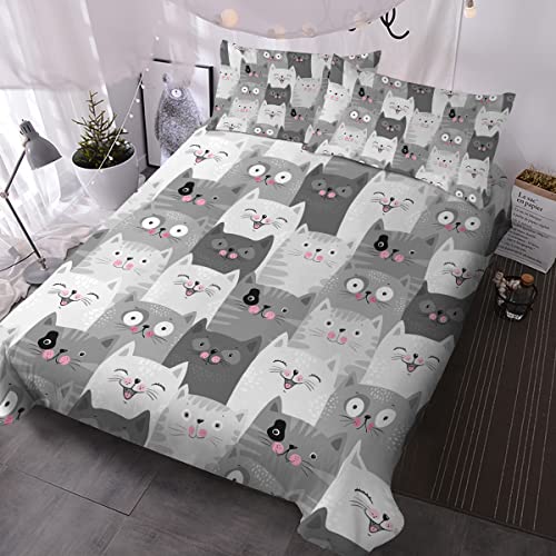 BlessLiving Cat Bedding Sets for Girls Gray Cat Duvet Cover Kids Bedding Set Single Cartoon Cat Comforter Cover Set for Teens Boys Adults Women Kawaii Cats Bedroom Set (Single)