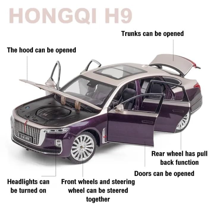 Image of HONGQI RED Flag H9 1:24 Diecast Scale Model Metal Pull Back Toy car for Kids with Openable Doors & Light, Music Toy Vehicle for Kids - Colors as Per Stock(Design-62)