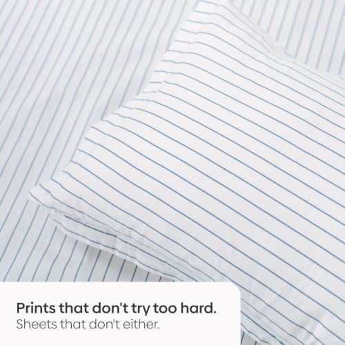 Image of Haus & Kinder Double Bed Bedsheet 90 x 100 | 186 TC Pure Cotton Bed Sheet Double Bed with 2 Pillow Covers | Queen Size Bed Sheet | Ruri Stripe Lapis Blue