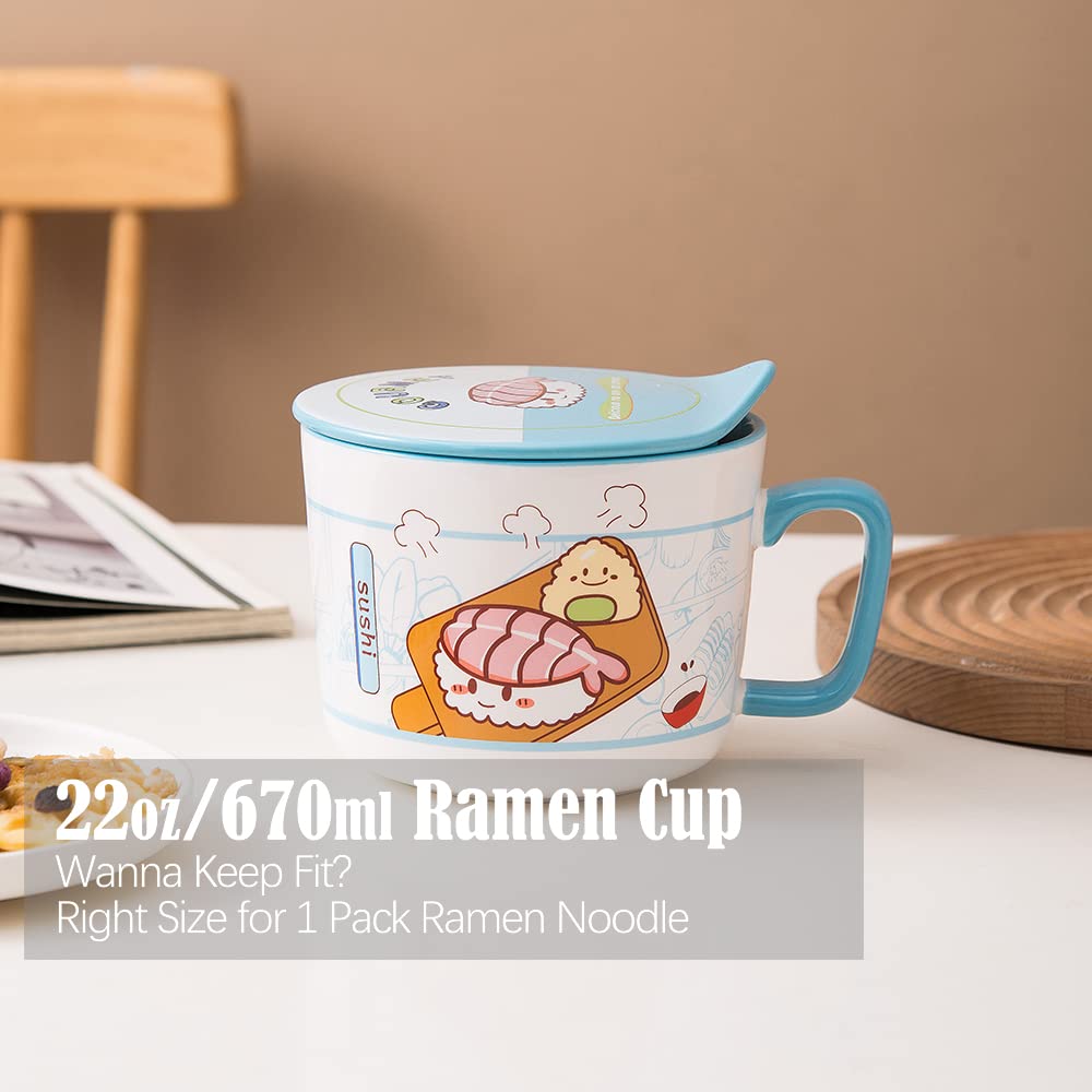 TOPWCK 22oz Ceramic Ramen Bowl with Lid Handle, Microwaveable Cute Japanese Instant Noodle Cup Ramen Cooker, Gift for Teens Kids (Sushi)