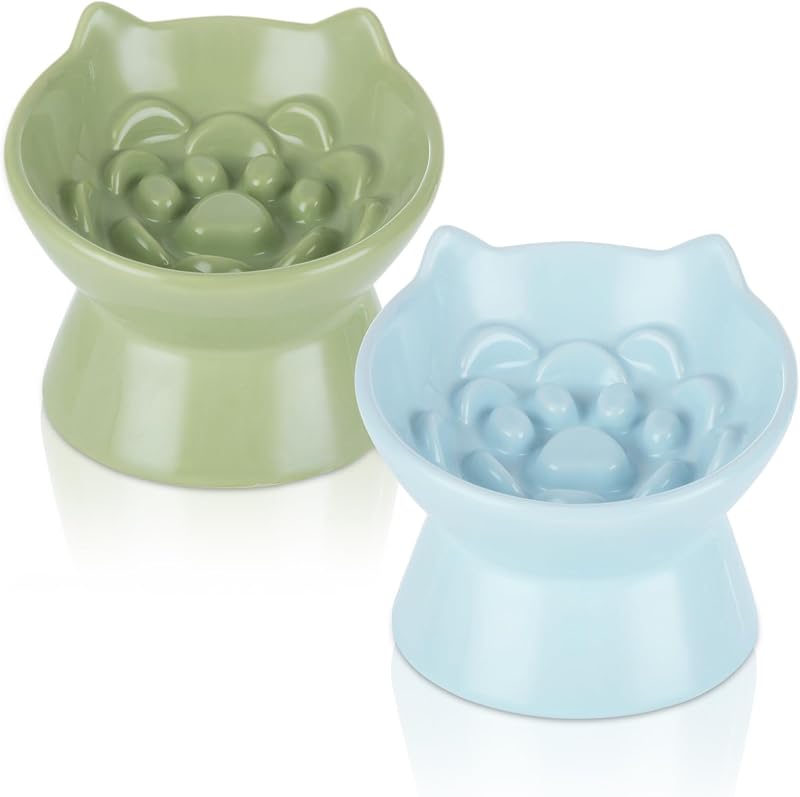 Comedouro Lento Elevado de Cerâmica para Gatos STARVAST Azul e Verde, Pacote com 2