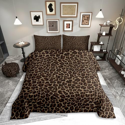 Homewish Braun Simuliertes Leopardenmuster Bettwäsche 135x200cm Tiere Geparden Druck Bettbezug Set für Jungen Mädchen Erwachsene Rustikale Leoparden Bettwäsche-Set Schlafzimmer 2-Teilig Mikrofaser