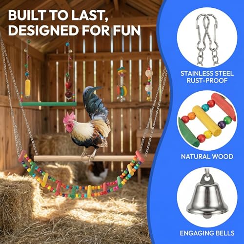 Image of Little World Chicken Toys Complete Set of 12 - All-in-One Chicken Coop Accessories with Xylophone, Swing, Chicken Mirror, Ladder, Vegetable String Bag & Hanging Feeder Coop Toy for Happy Hens