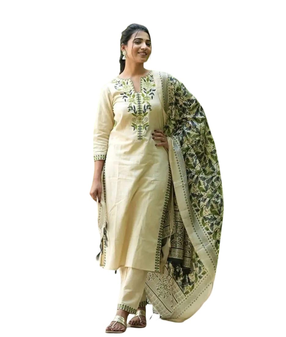 Women's Khadi Cotton Embroidered Kurta Pant Set with Khadi Silk Dupatta | Elegant Ethnic Suit for Festive, Casual & Office Wear | Floral Embroidery-picture-48