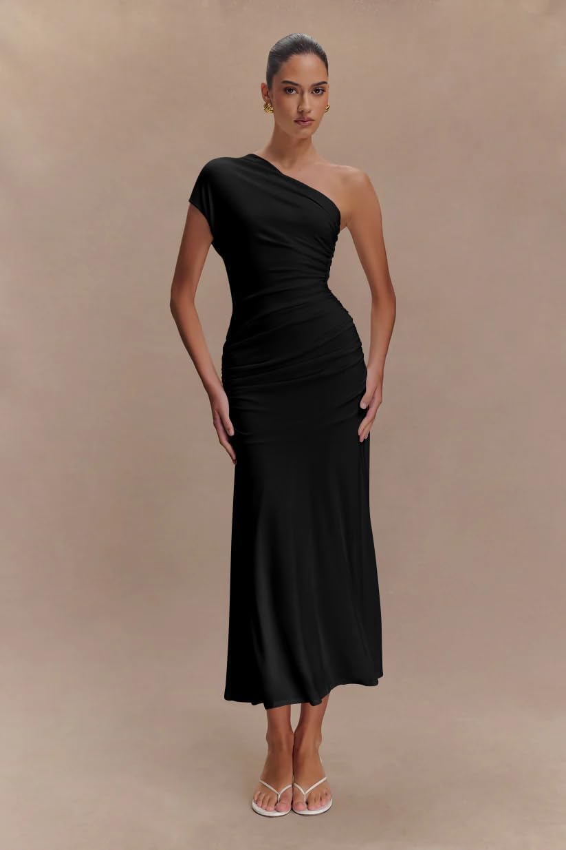 Memoriesea Women's Elegant One Shoulder Sleeveless Ruched Bodycon Cocktail Party Midi Dress - Image 2