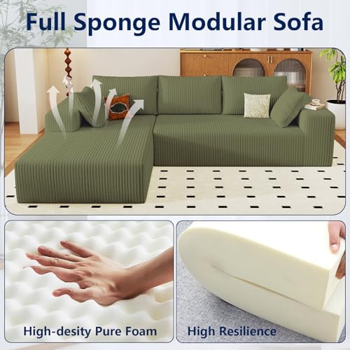 Image of 96 inch Modular Sectional Sofa, Modern Corduroy Cloud Couch with Deep Seat, Boneless Couch Upholstered 3-Seater L-Shaped Sofa for Living Room, No Assembly Required (Green, Left-Facing Chaise)