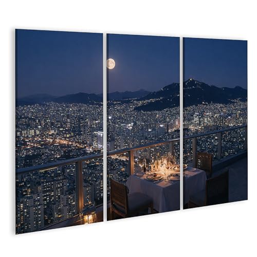 Tableau sur toile islandburner vue ville pleine lune 3 pièces