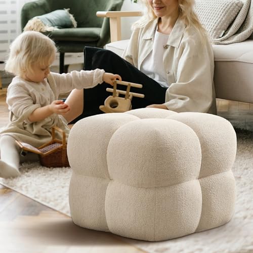 Image of Zesthouse Square Pouf Ottoman, Modern Vanity Chair Backless for Bedroom, Beige Linen Stool Seat Foot Rest, Upholstered Poofy Footstool for Couch, Fabric Ottoman Coffee Table for Living Room