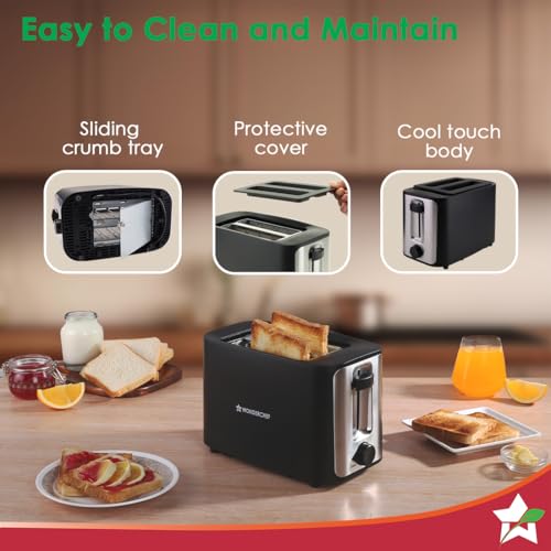 Image of Wonderchef Roma 2-Slice Pop-up Toaster with Lid Cover, 6 Browning Options for Golden Crispy Bread Toasts, Mid-Cycle Cancel Function, Crumb Tray, 2-Yr Warranty, Black, Automatic Electric Toaster