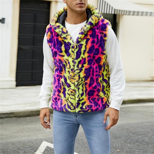 Hulpvktsgiq Men's Fall Winter Sleeveless Faux Fur Vest Coat Hooded Animal Print Faux Fur Jacket Fuzzy Cardigan Outwear2