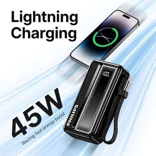 Image of Philips DLP2721NB /94 20000mAh 45W Fast Charging Power Bank with Built-in Type-C Cable (Dark Slate) | Digital LED Display | Lithium Polymer | 2 Type-C & USB-A | Pocket Size | Compact & Travel-Friendly