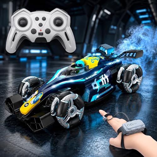 Image of VGRASSP 4WD Dual Control F1 RiseX Drift Stunt Mist Car Toy for Kids with Lights, Music - Rechargeable 360 Rotating RC Smoke Car with 2.4GHz Remote Control and Gesture Wrist Controller - Blue