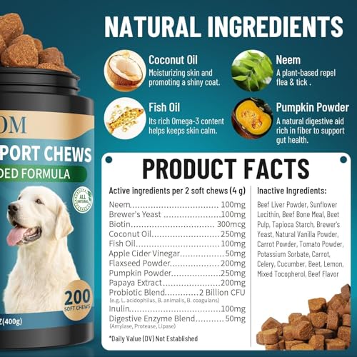 Flea and Tick Prevention for Dogs Chewable, 200 Soft Treats Natural Oral Dog Flea and Tick Treatment Chews Support Dog Skin & Digestive Supplement for Dogs Puppies All Breeds & Ages, Beef Flavor