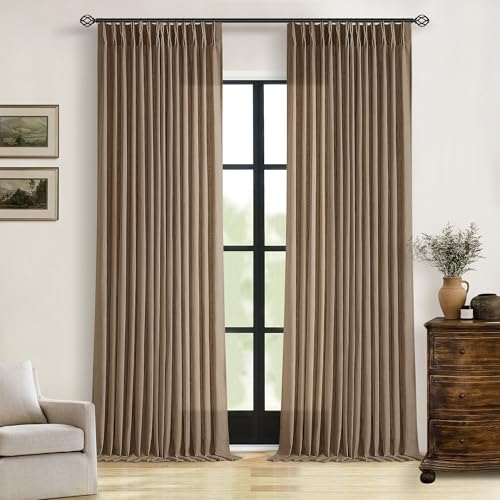 Image of 92 Inch Linen Curtains 2 Panels Set Pinch Pleated for Living Room Bedroom Memory Training Shaped Semi Sheer Dutch Cocoa Pinch Pleat Drapes Hooks Rings Light Filtering Window Curtain Drapes
