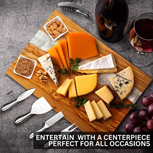 Image of Handcrafted Italian Olive Wood Cheese & Charcuterie Board Set with Unique White Pearl Resin Artwork - Cutting Board Comes with 4 Cheese Knives, 2 Dipping Bowls & Corkscrew Wine Opener (White Pearl)