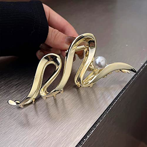 Gold Metallic Ribbon-Shaped Pearl-Encrusted Hair Claw, Large Size, 1Pcs, Suitable For Women With Thick Hair And Thin Hair, Strong Hold, Stylish Hair Accessory Must-Have For Girls (Gold Ribbon) #TOP1