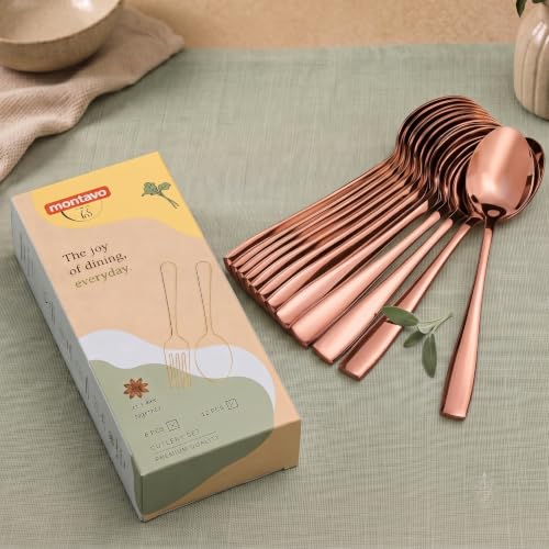 Image of Montavo by FnS 12 Pieces Stainless Steel Dinner Spoon Set | Premium PVD Rose Gold Mirror Finish | Rust Resistant, Dishwasher Safe | Luxury 16cm Table Spoons for Home, Kitchen, Restaurant & Gifting