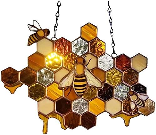 Bee Suncatcher Stained Window Hangings Suncatcher, Honeycomb Ornament Garden Window Wall Decor Honeycomb Suncatcher for Mom for Grandma Birthday Gifts (9..4×9.4inch)