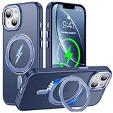 iPhone 15 用 ケース Magsafe対応 360°回転スタンド アイフォン15 スマホケース リング マグネット 搭載 ワイヤレス充電 縦横多角度 対応 Uovon アイホン15 カバー 車載ホルダー あいふおん15 携帯ケース 金属ボタン ストラップ穴付き 透明 黄変防止 米軍MIL規格 ・ ブルー