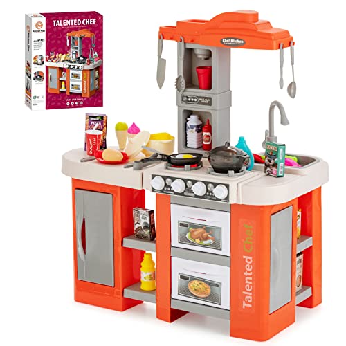 DREAMADE Kinderküche mit 38 TLG. Zubehör, Kinderspielküchemit Dampf & Wasserzirkulation, Spielküche mit Licht und Sound für Kinder ab 3 Jahren (Orange)