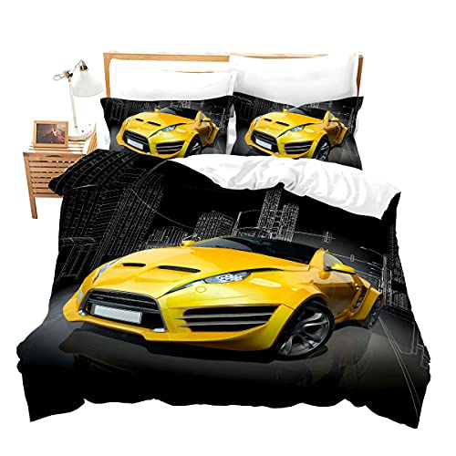 Race Car Comforter Cover Double Size Boy's Sport Bedding Set Car Collection Duvet Cover Orange Sports Car Decor Boys Girls 3 Pieces Bed Cover with Zipper Ties 2 Pillow Soft Microfiber Bedding - Image 4