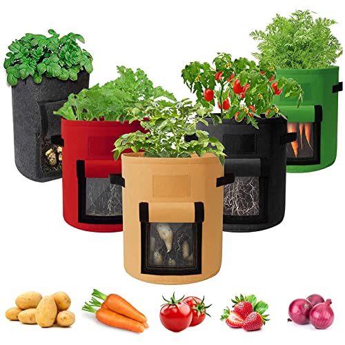 Yukung Potato Grow Bags, 5pcs 10 Gallon Plant Growing Bags with Handles & Window Flap, Felt Plant Bag, Breathable Fabric Grow Bags for Vegetables Tomatos Indoor Outdoor