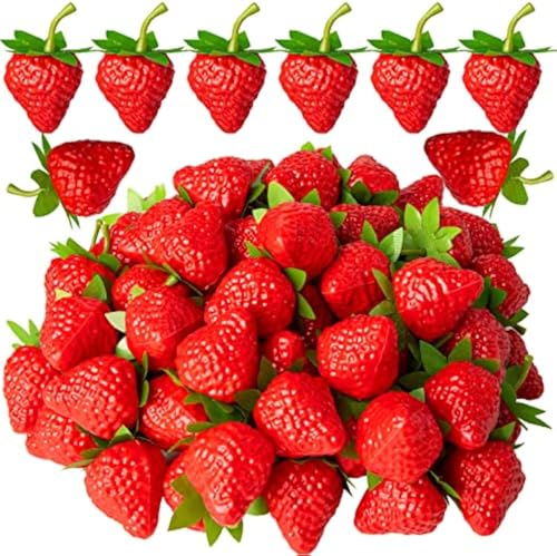 THE WHITE SHOP 50 Pcs Artificial Strawberries Fake Strawberry Decor Realistic Artificial Fruits Decoration for Home Kitchen Party Wedding Decoration Arrangements Photography Prop Ornament