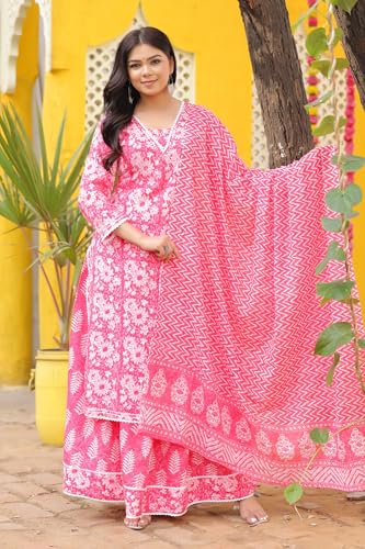 Image of PARTHVI Women's Printed Calf Length Straight Kurta & Skirt With Dupatta Set