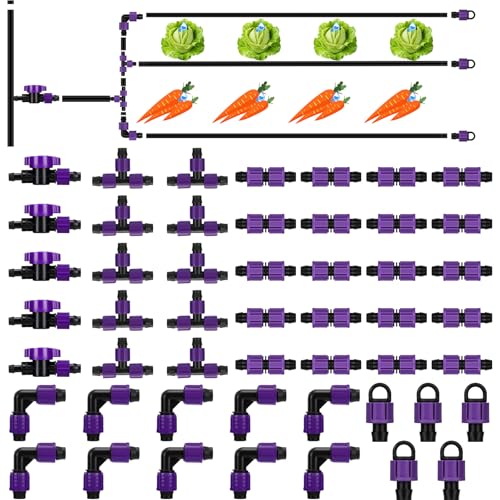 Tondiamo 50 Pcs Garden 5/8 Drip Irrigation Tape Tubing Fittings Kit Include Connector Tee Coupling Elbows End Cap On/Off Valve Barb for Most 16-17 mm Tubing Irrigation System(Purple)