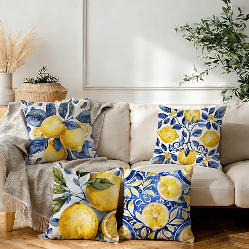 Image of Boho Summer Lemon Coastal Pillow Cover 18x18 Set of 4,Cottagecore Lemon Home Decor,Blue and Yellow Italian Botanical Fruit Decorative Lumber Throw Pillow Cover for Home Bedroom Living Room
