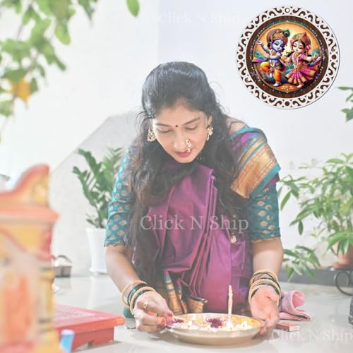 Image of Click n ship 9 Inch Wooden Wall Hanging with UV Print - Radha Krishna Decorative Art - Round MDF Frame for Home & Temple Decor - Vibrant Color Spiritual Wall Decor