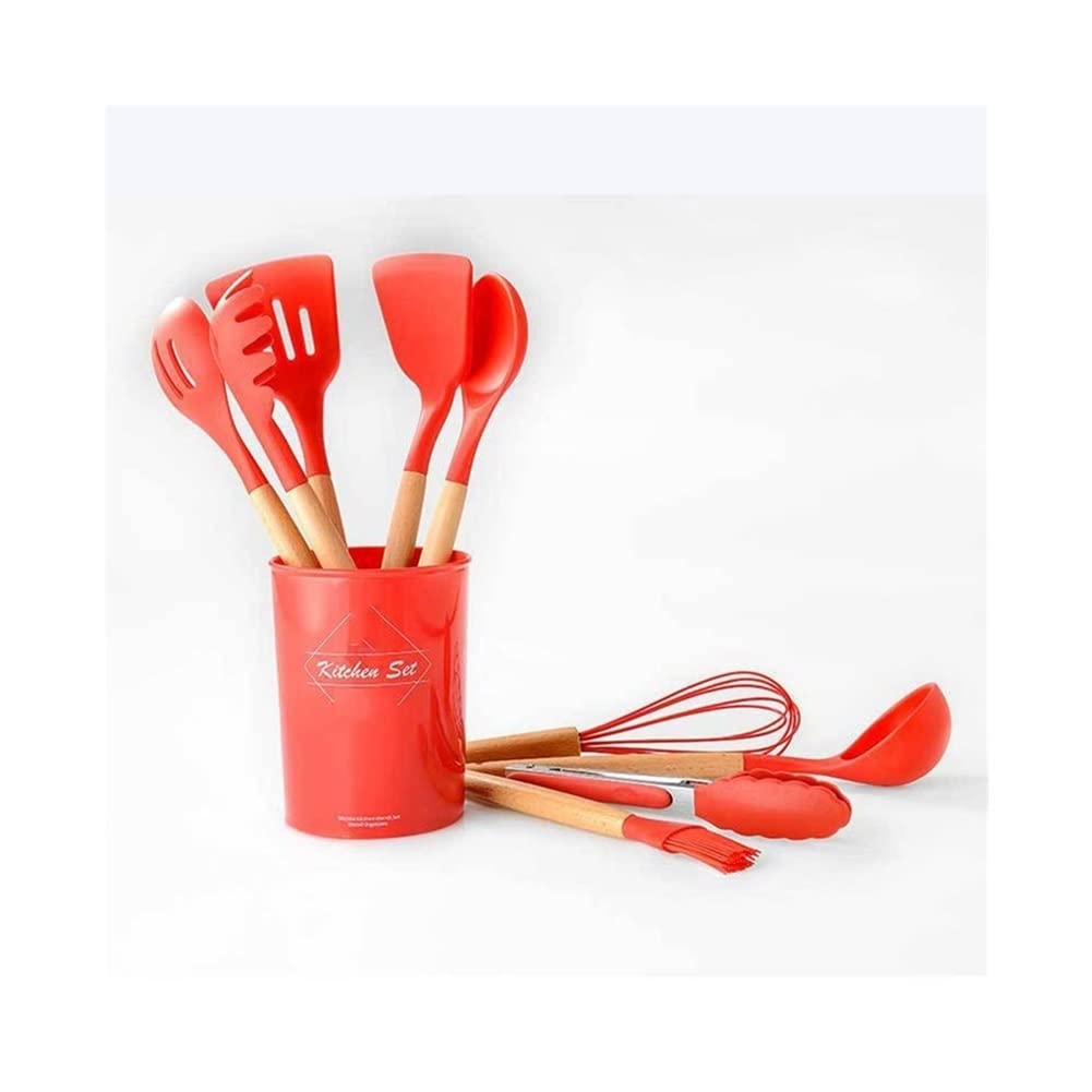 YYDS Koch Utensilien 11 PCS Küchenzubehör Set mit Halter Silikon Utensilien Kochsets Holzgriff Nonstick Kochgeschirr Küchenhelfer, Red Kochzubehör