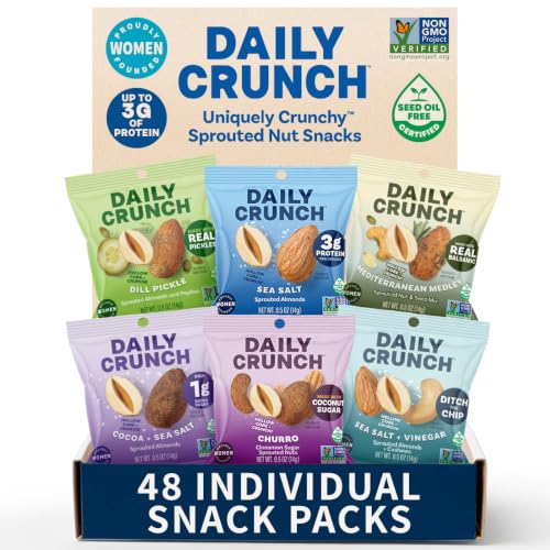 Image of Daily Crunch Sprouted Almonds, Mini Variety Pack, 48 Pack 0.5 oz Bags | Uniquely Crunchy. Non-GMO Certified, Seed & Palm Oil Free, Dairy Free. 6 flavors, 2-3g Plant Based Protein. Women Founded.