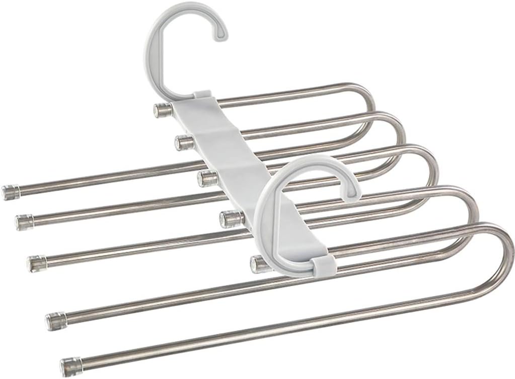 Magic Pants Hangers Space Saving, Pants Hangers,5 Layers Stainless Steel Space Saving Magic Adjustable Dual Hooks Clothes Storage Organizer (Color : White) (Gray)